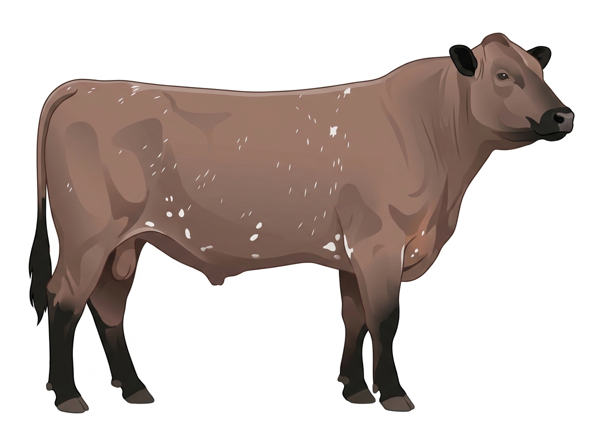 Brown roan with black points and a few white spots 7/8 Shorthorn Bull