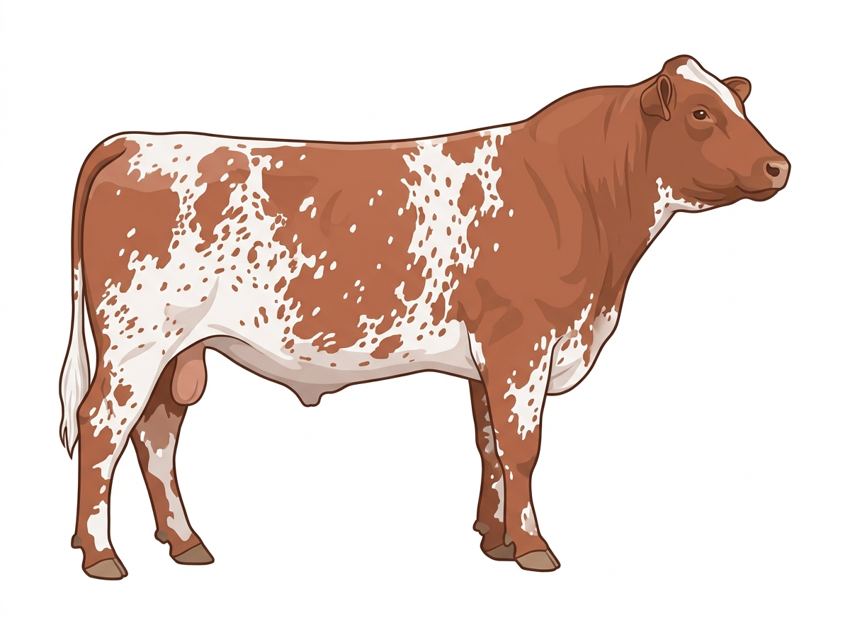 Light red roan with a few white spots and ticking in the white 7/8 Shorthorn Bull