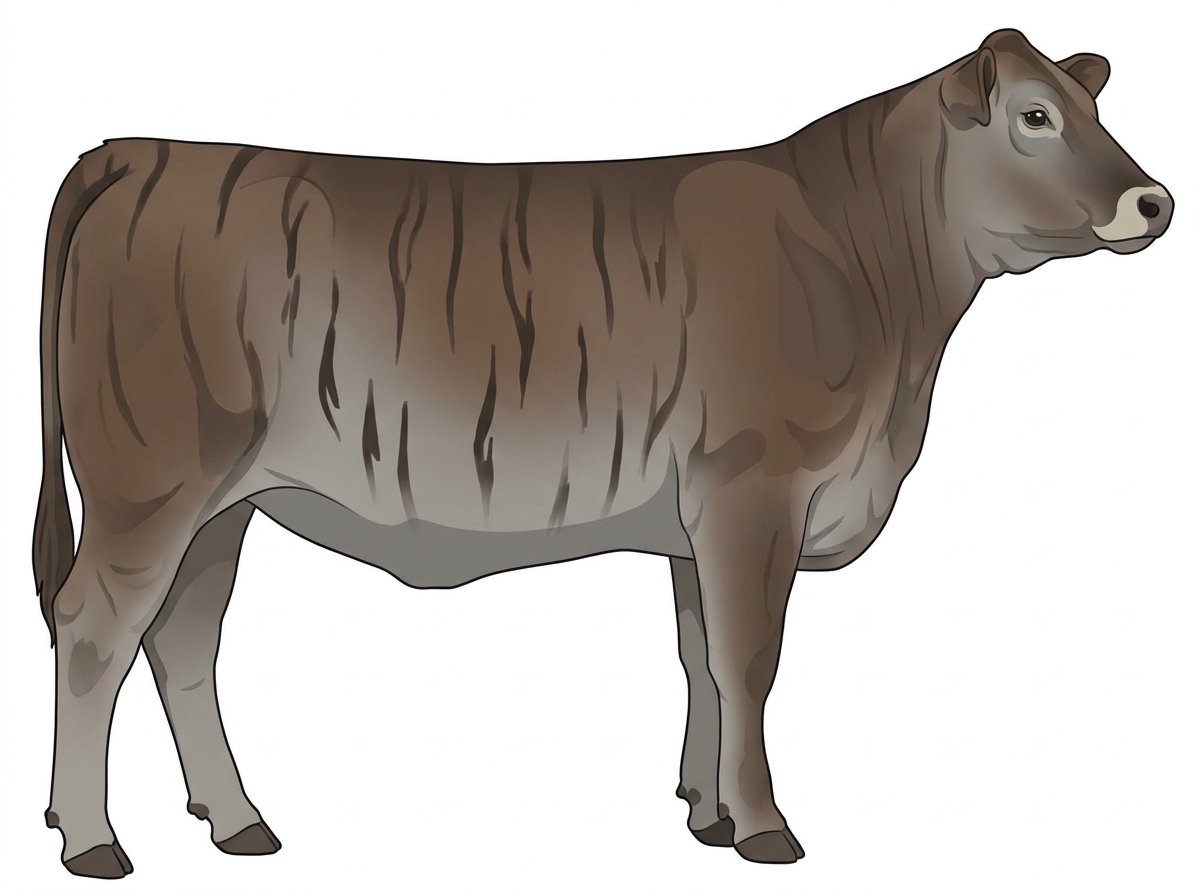 Smoky brindle with black stripes and a pale muzzle ring and lighter underline 9/16 Brahman Cross Heifer