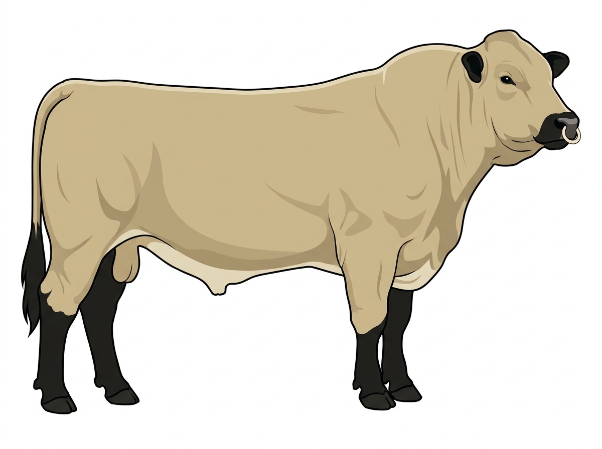 Cream with black points and a pale muzzle ring and lighter underline 9/16 Braunvieh Cross Bull