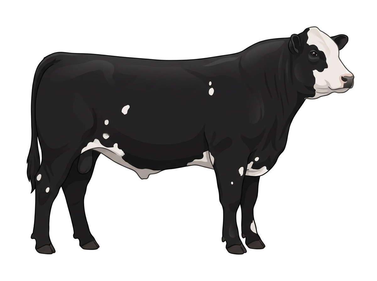 Black with a partial white face and a few white spots 9/16 Simmental Cross Bull