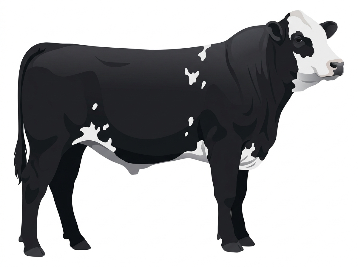 Black with a partial white face and white spots 9/16 Simmental Cross Bull