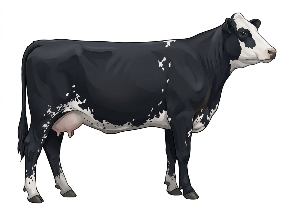 Black with a partial white face, white spots and ticking in the white 9/16 Simmental Cross Cow