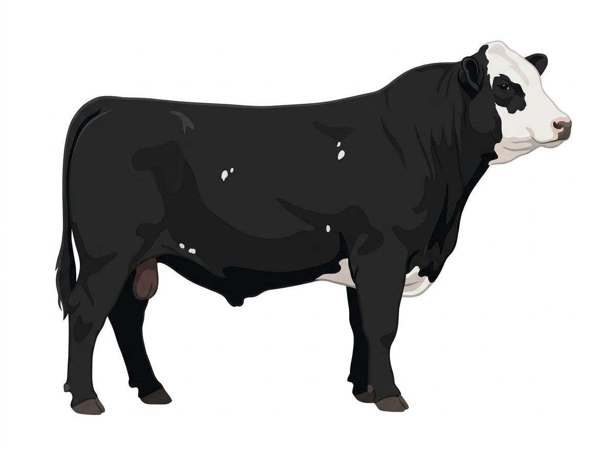 Black with a white face and a few white spots 9/16 Simmental Cross Bull