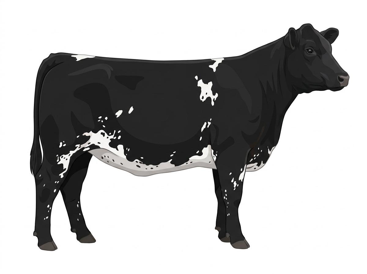 Black with a few white spots and ticking in the white Angus Cross Heifer