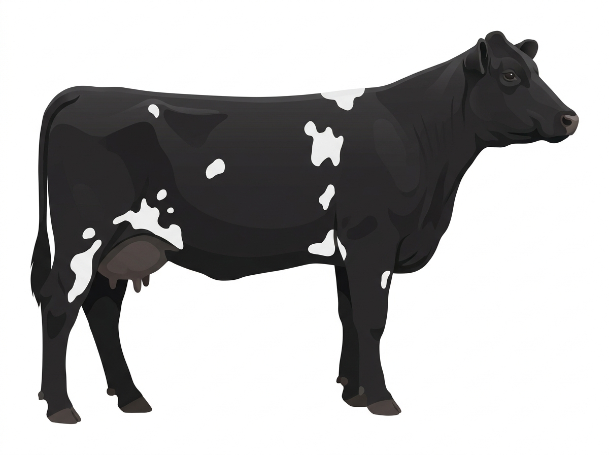 Black with a few white spots Angus Cross Cow