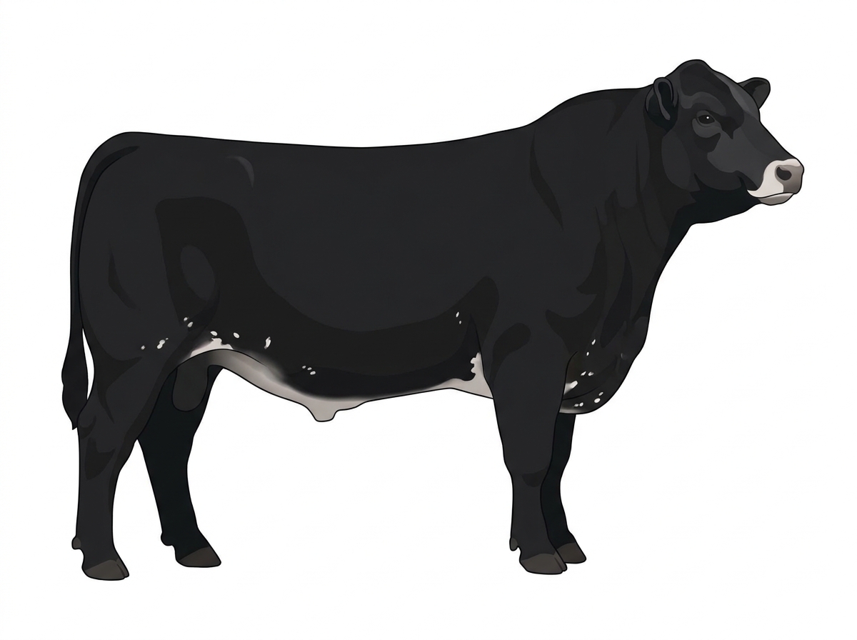 Black with a pale muzzle ring and lighter underline, a few white spots and ticking in the white Angus Cross Bull
