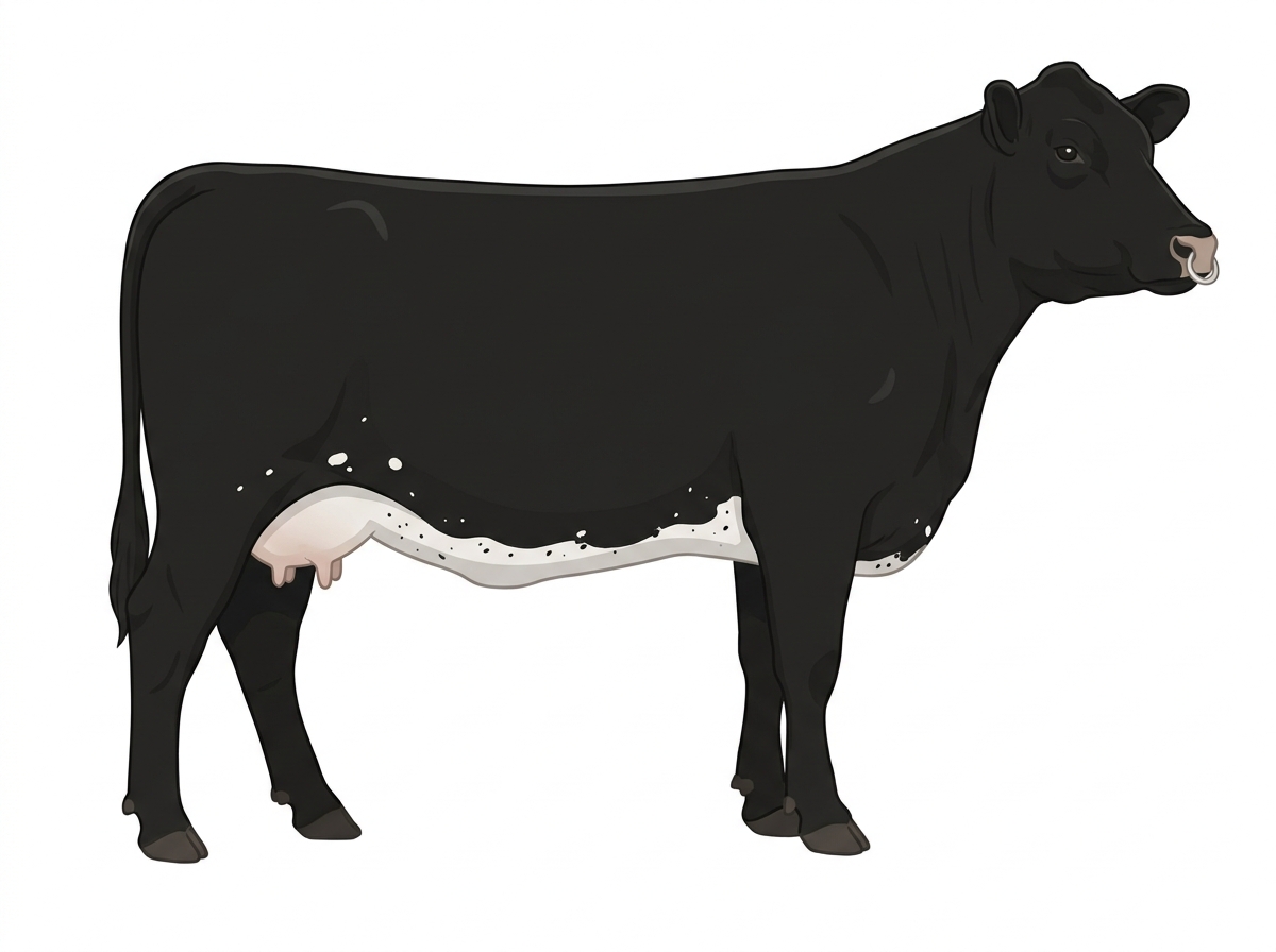 Black with a pale muzzle ring and lighter underline, a few white spots and ticking in the white Angus Cross Cow