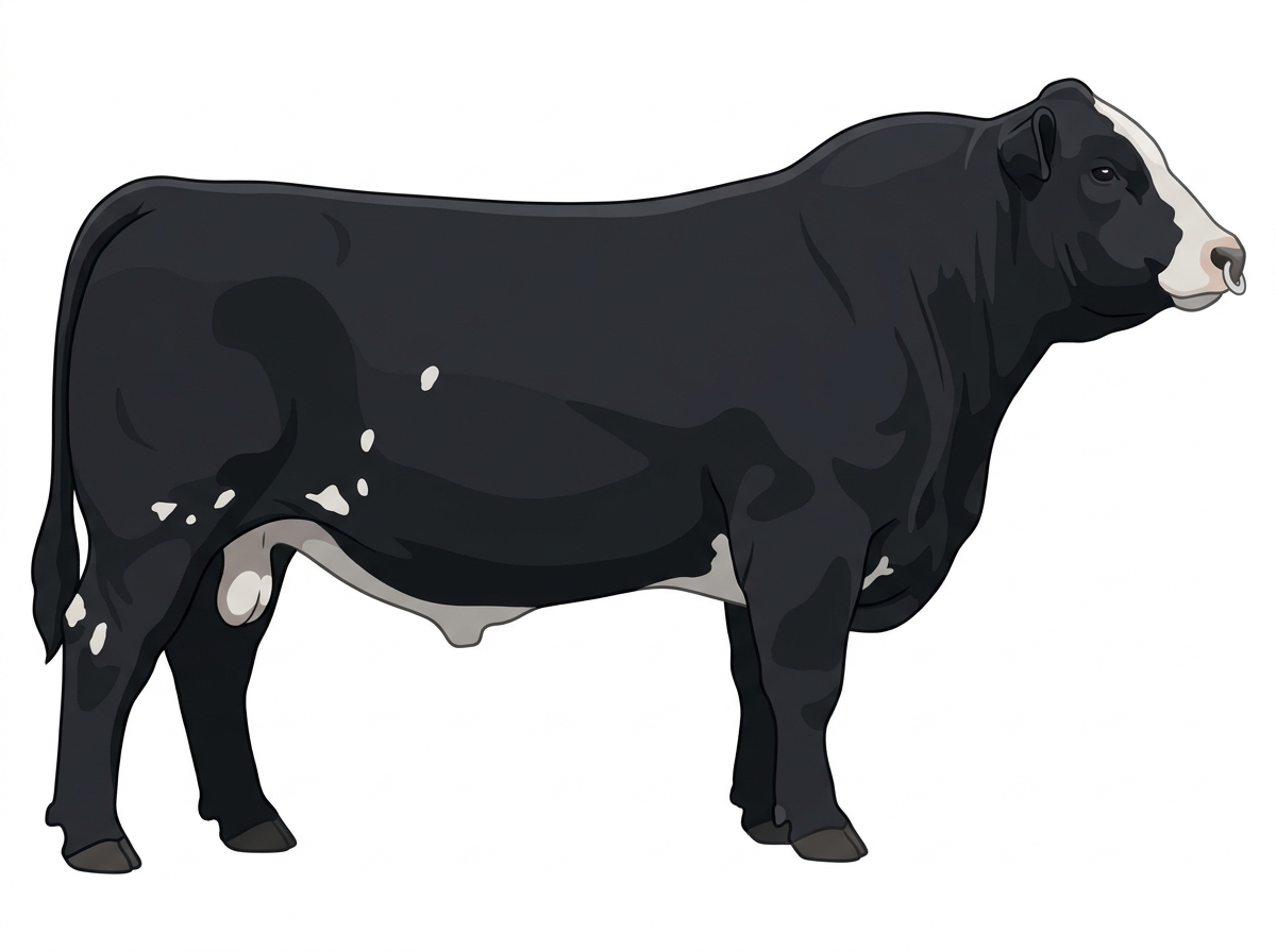 Black with a pale muzzle ring and lighter underline, a partial white face and a few white spots Angus Cross Bull