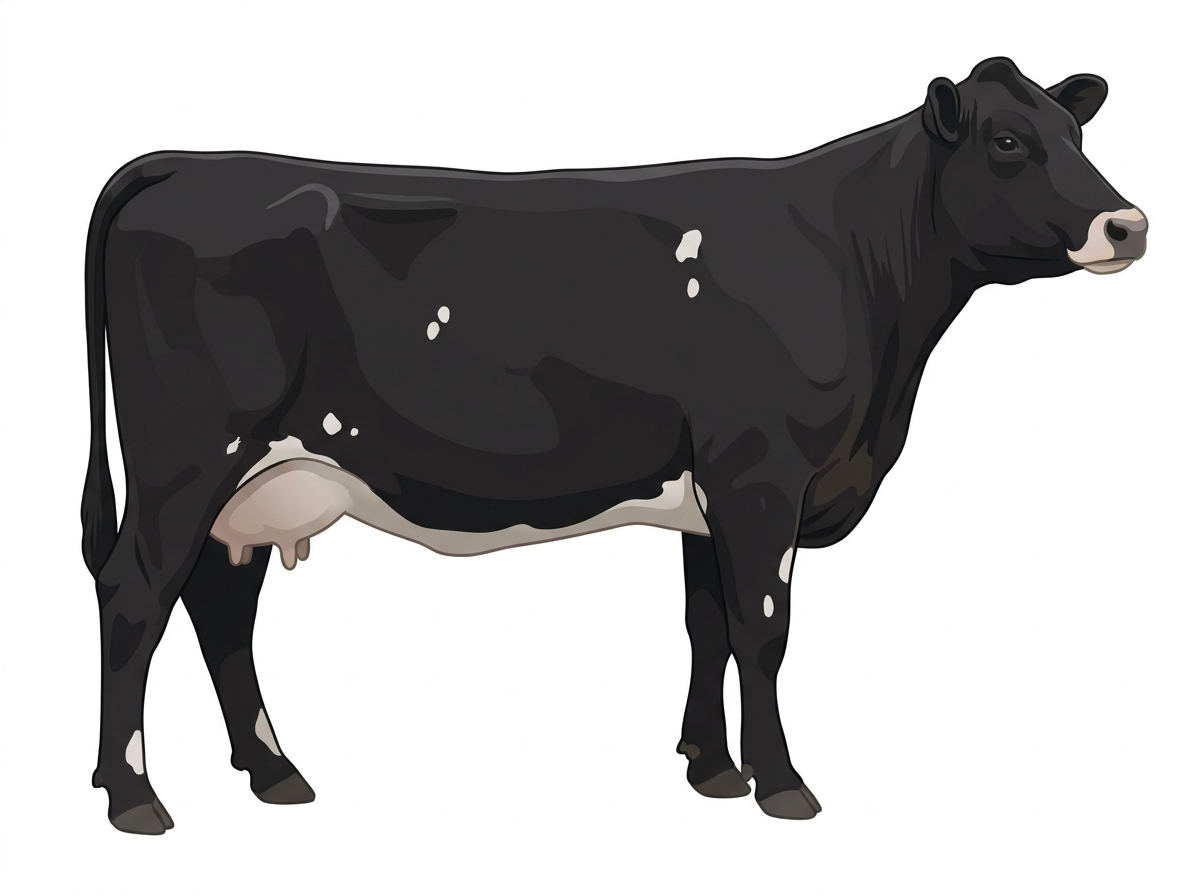 Black with a pale muzzle ring and lighter underline and a few white spots Angus Cross Cow