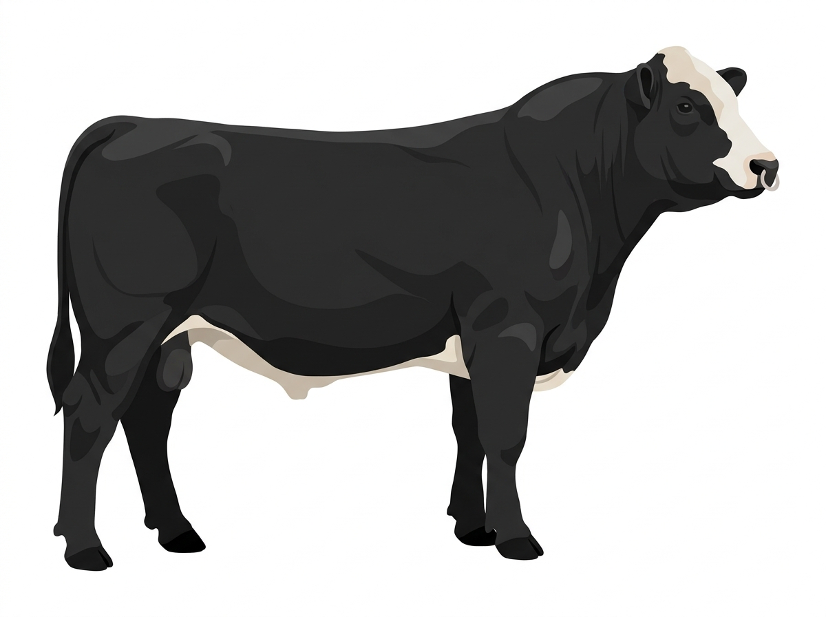 Black with a pale muzzle ring and lighter underline and a partial white face Angus Cross Bull