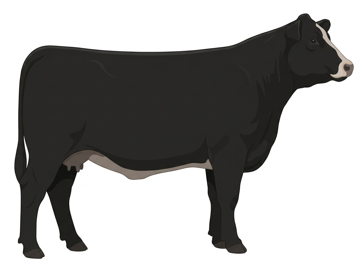 Black with a pale muzzle ring and lighter underline and a partial white face Angus Cross Cow