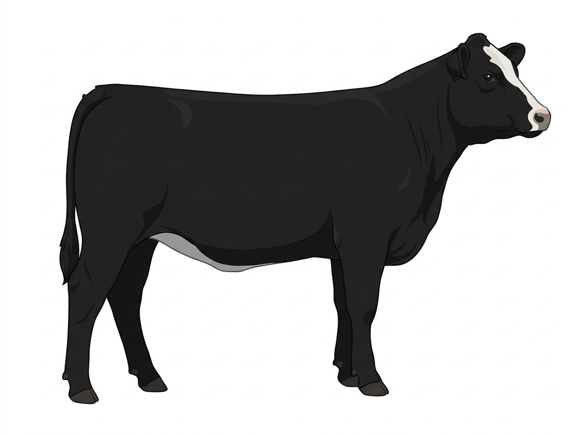Black with a pale muzzle ring and lighter underline and a partial white face Angus Cross Heifer