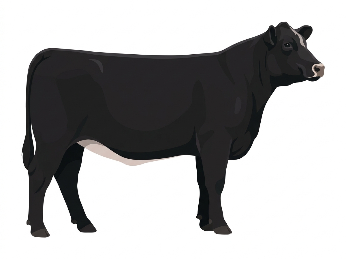Black with a pale muzzle ring and lighter underline and minimal white face markings Angus Cross Cow