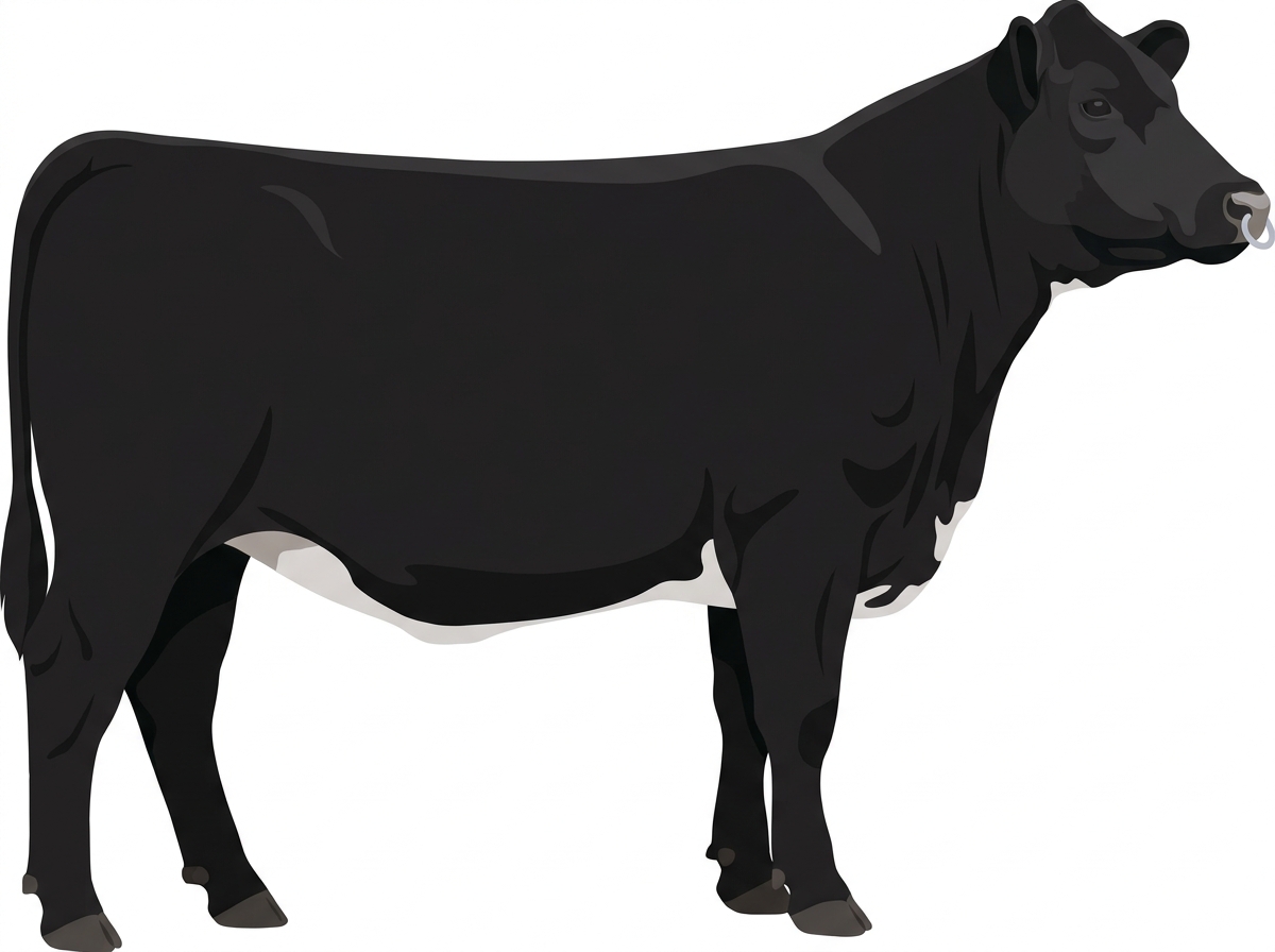 Black with a pale muzzle ring and lighter underline and minimal white face markings Angus Cross Heifer