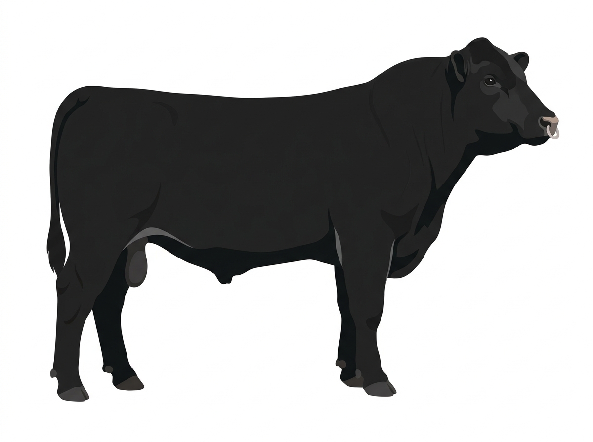 Black with a pale muzzle ring and lighter underline Angus Cross Bull