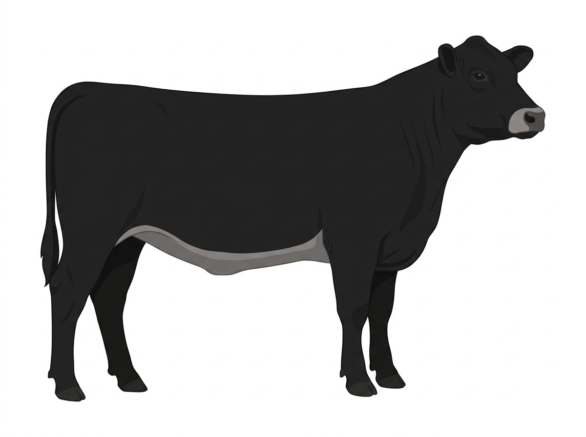 Black with a pale muzzle ring and lighter underline Angus Cross Heifer
