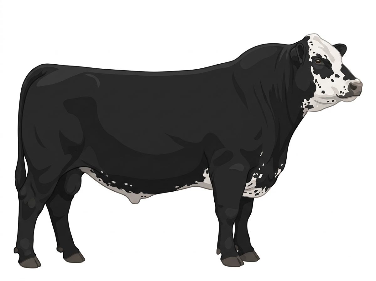 Black with a partial white face, a few white spots and ticking in the white Angus Cross Bull