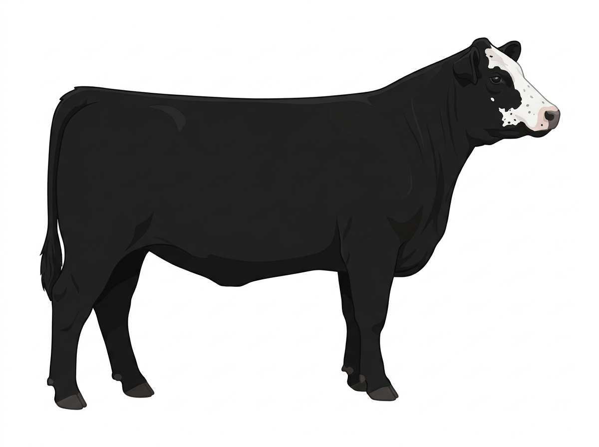 Black with a partial white face, a few white spots and ticking in the white Angus Cross Heifer