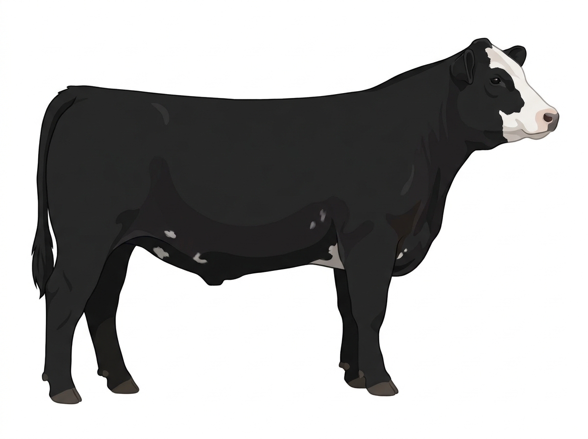 Black with a partial white face and a few white spots Angus Cross Steer