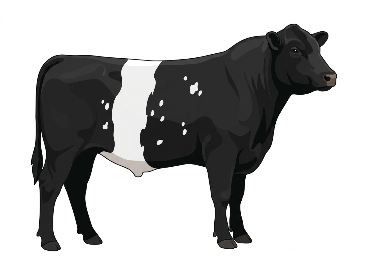 Black with a white belt around the midsection and a few white spots Angus Cross Bull