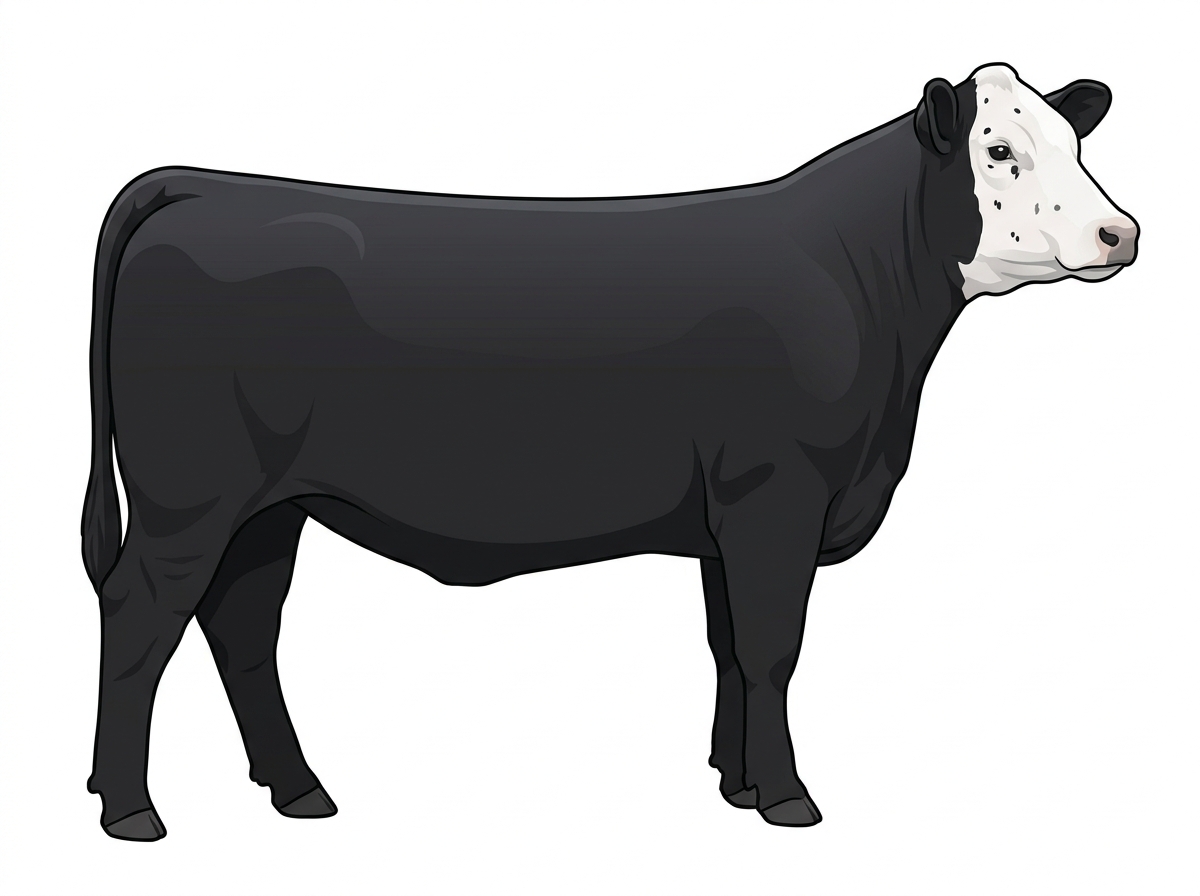 Black with a white face, a few white spots and ticking in the white Angus Cross Heifer