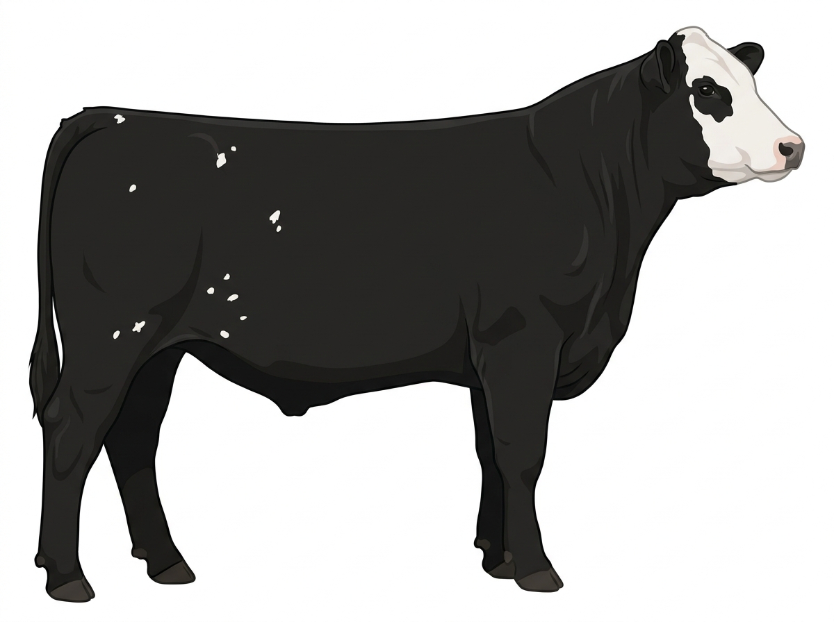 Black with a white face and a few white spots Angus Cross Steer