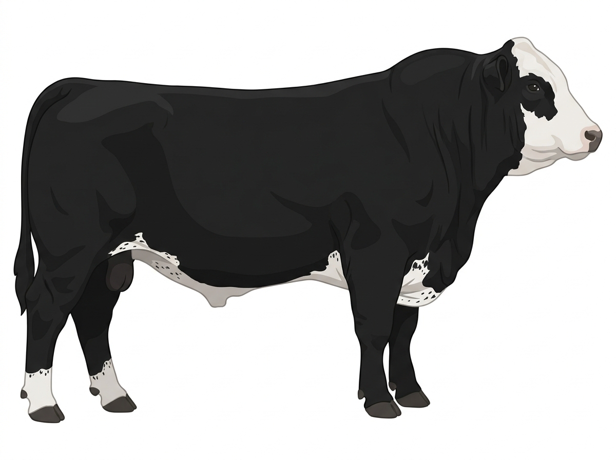 Black with a white face and ticking in the white Angus Cross Bull