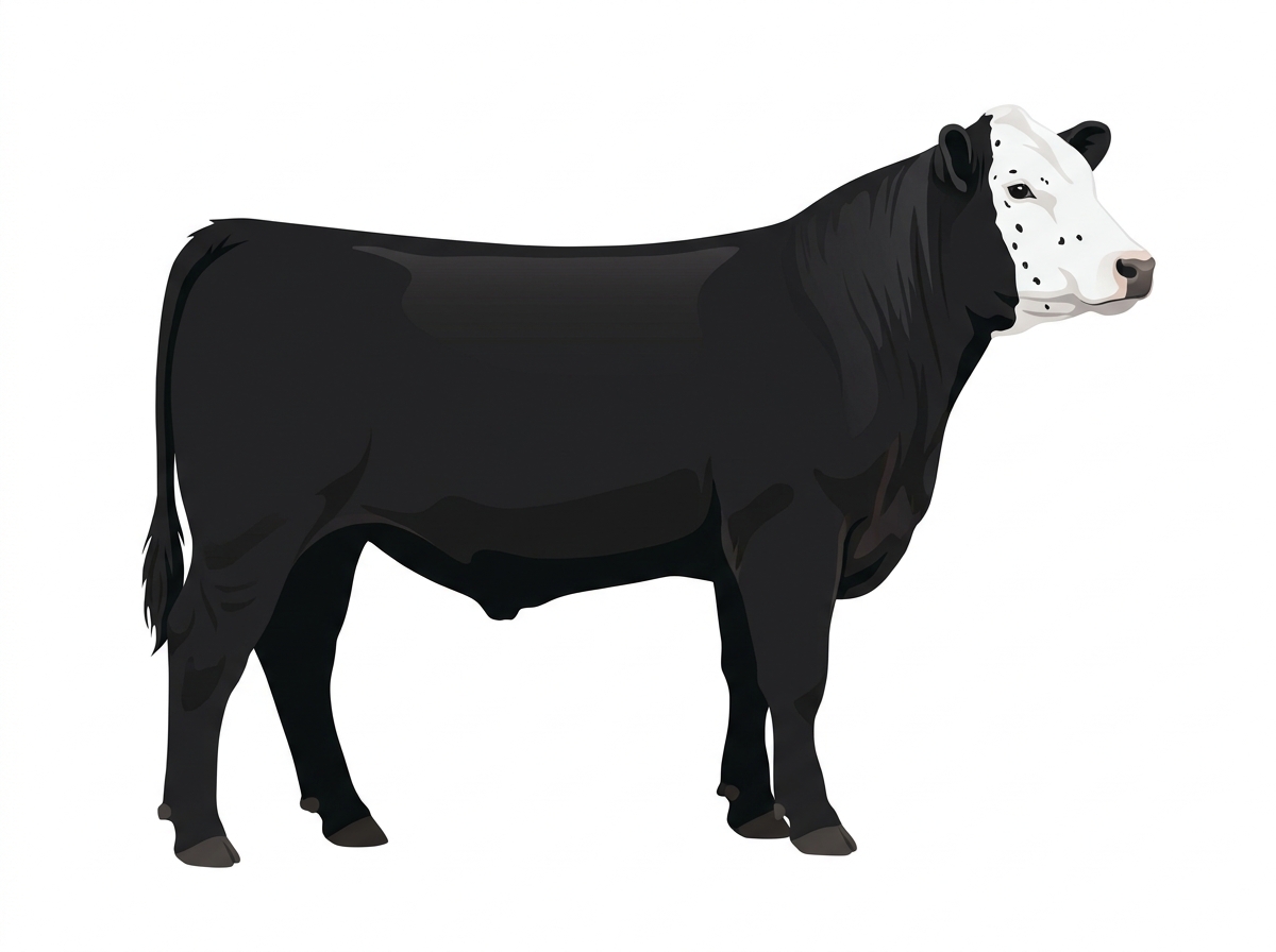 Black with a white face and ticking in the white Angus Cross Steer