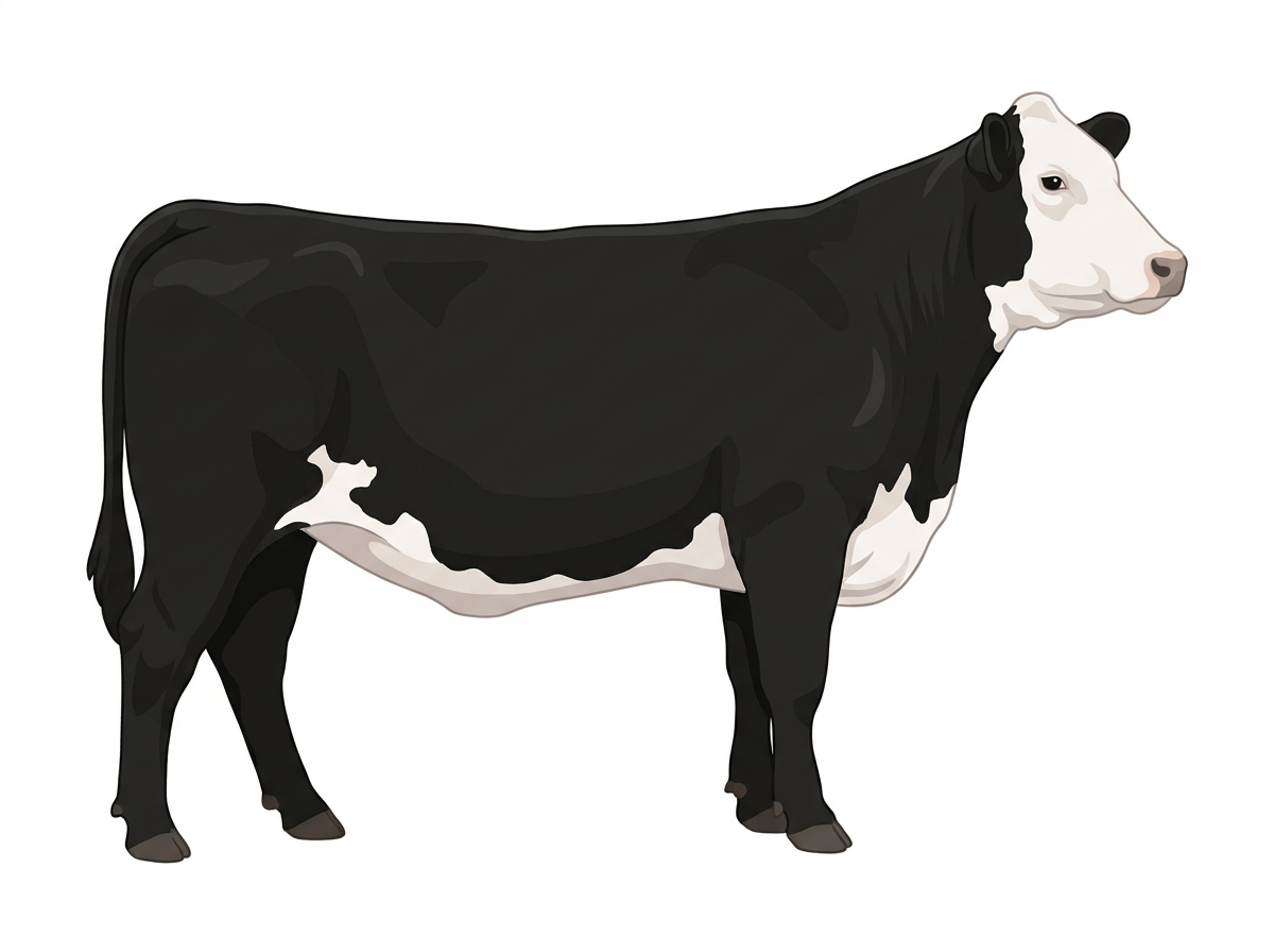 Black with a white face and white in large patches Angus Cross Cow