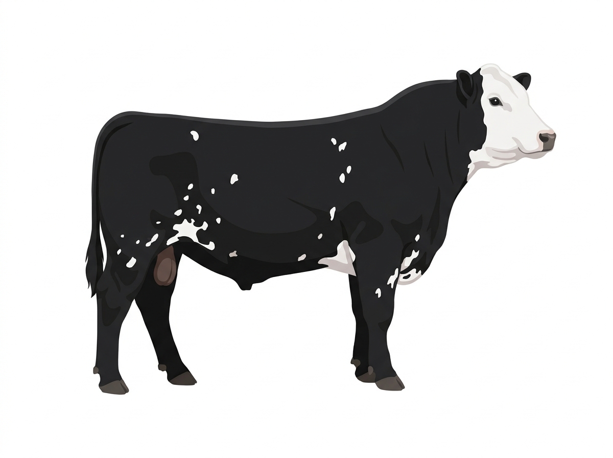 Black with a white face and white spots Angus Cross Bull