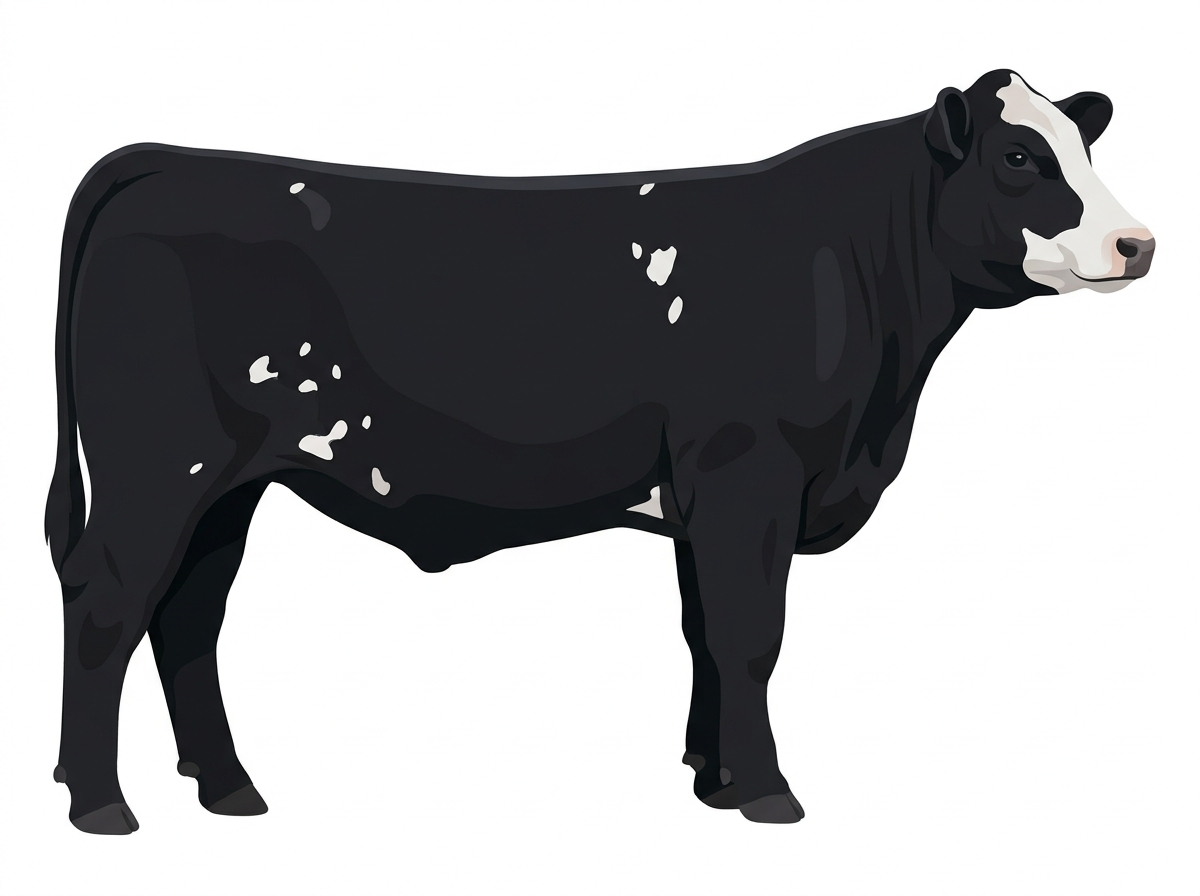 Black with a white face and white spots Angus Cross Steer