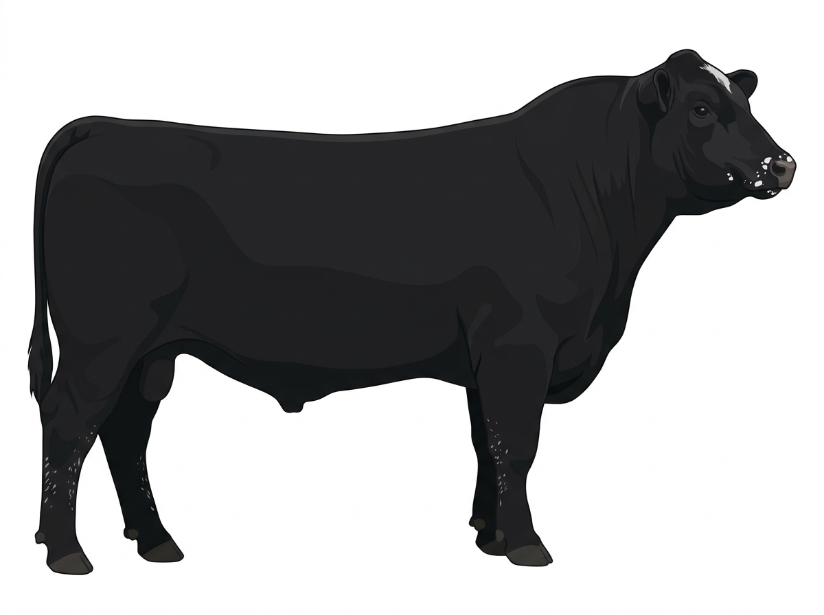 Black with minimal white face markings, a few white spots and ticking in the white Angus Cross Bull