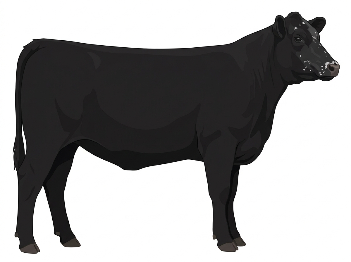 Black with minimal white face markings, a few white spots and ticking in the white Angus Cross Heifer