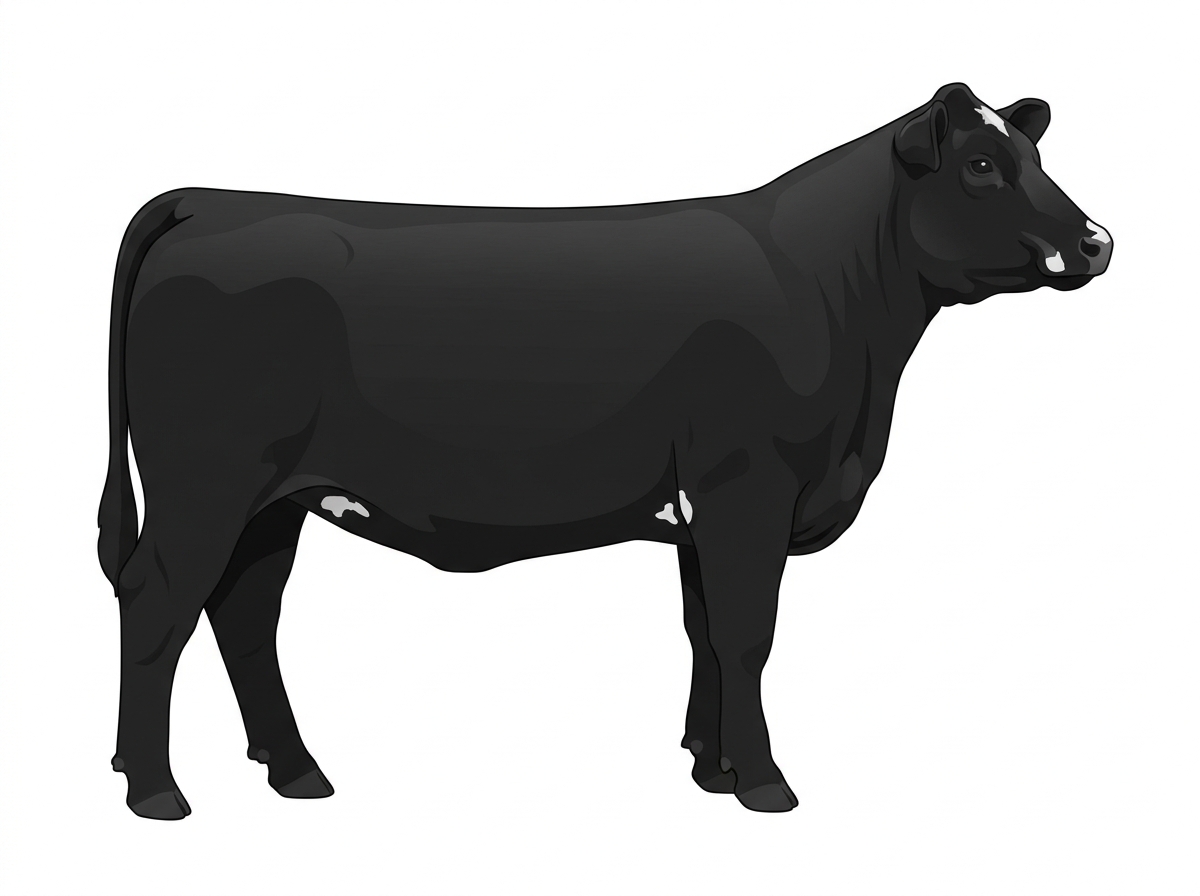 Black with minimal white face markings and a few white spots Angus Cross Heifer