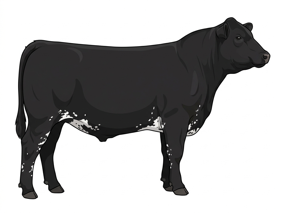 Black with white spots and ticking in the white Angus Cross Steer