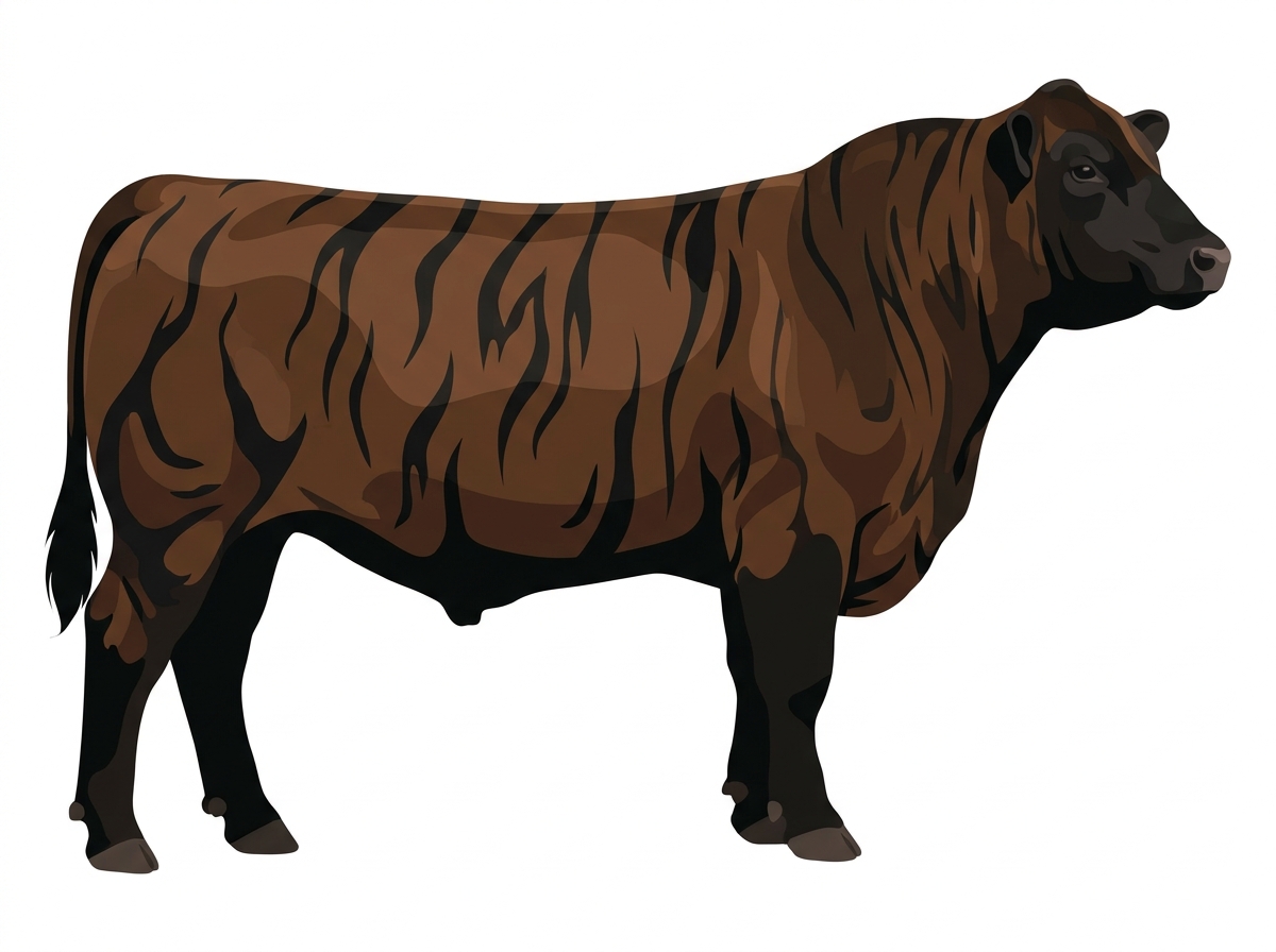 Brown brindle with black stripes and black points Angus Cross Bull