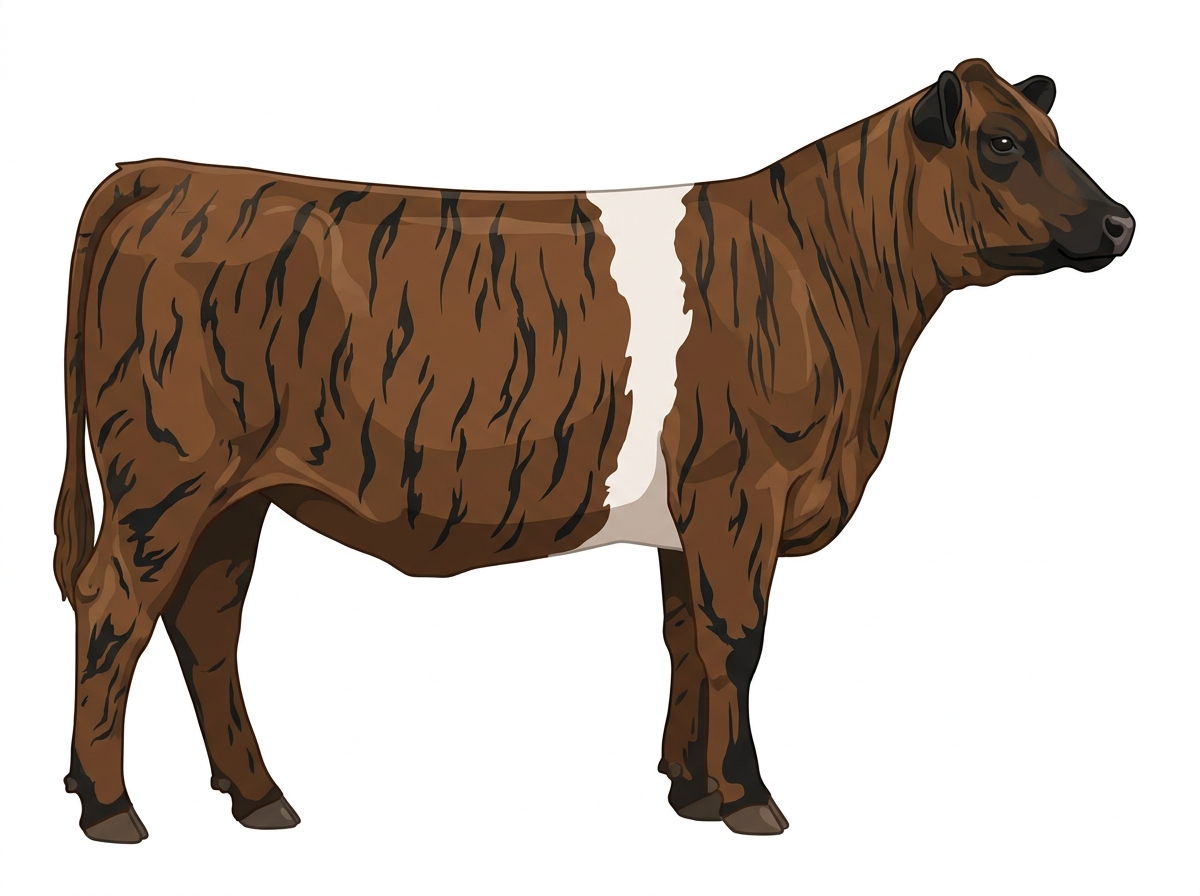 Brown brindle with black stripes, black points and a white belt around the midsection Angus Cross Heifer