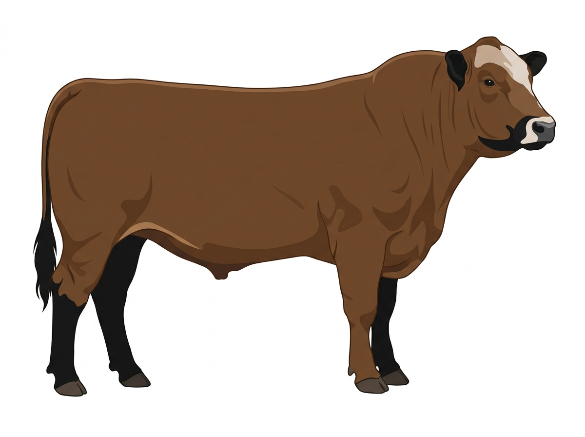 Brown with black points, a pale muzzle ring and lighter underline and a partial white face Angus Cross Bull