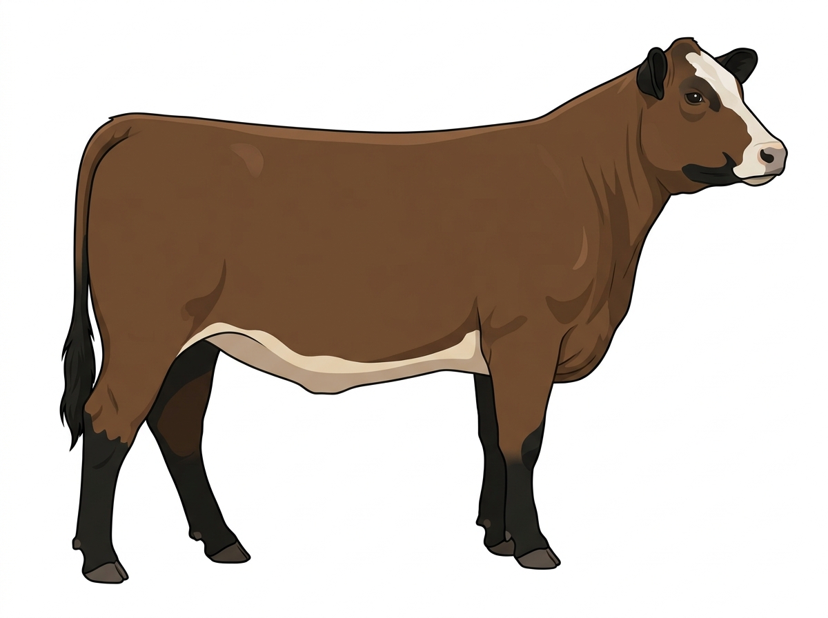 Brown with black points, a pale muzzle ring and lighter underline and a partial white face Angus Cross Heifer
