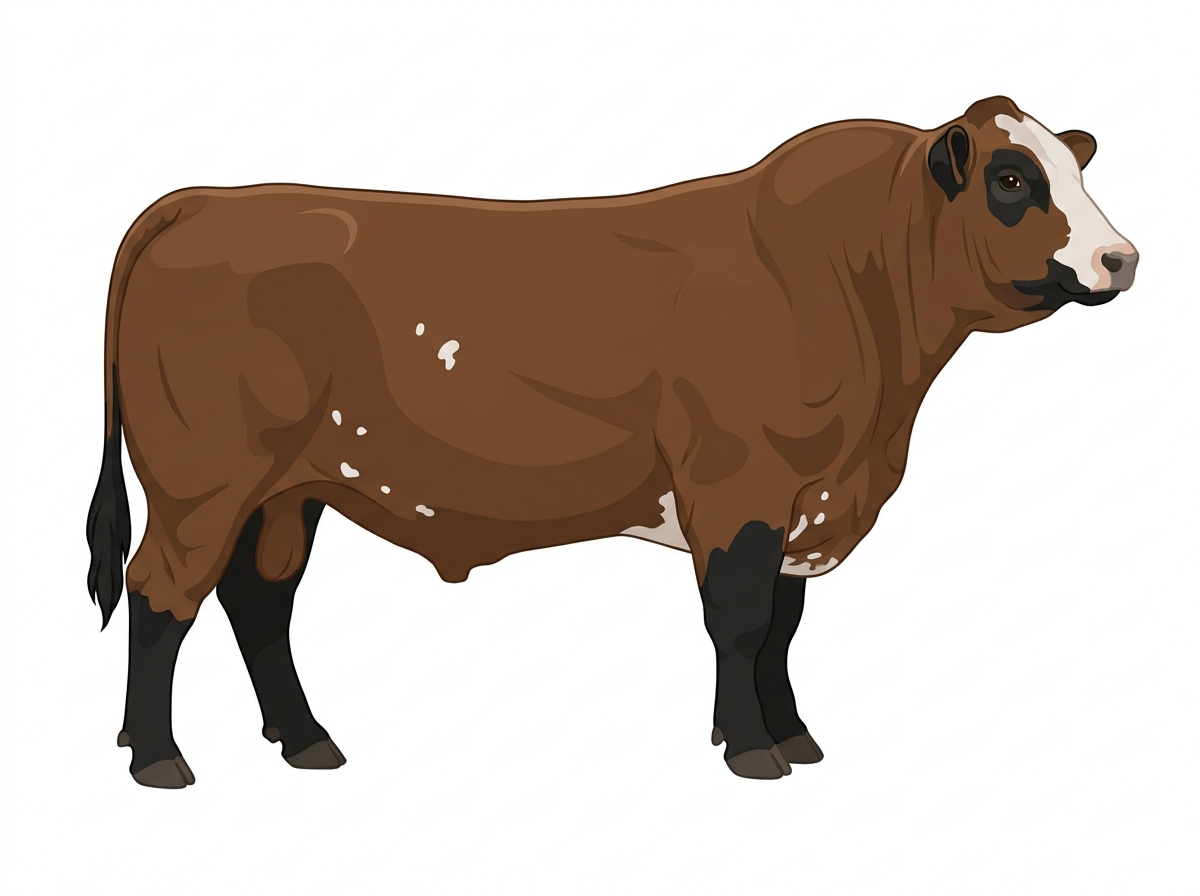 Brown with black points, a partial white face and a few white spots Angus Cross Bull