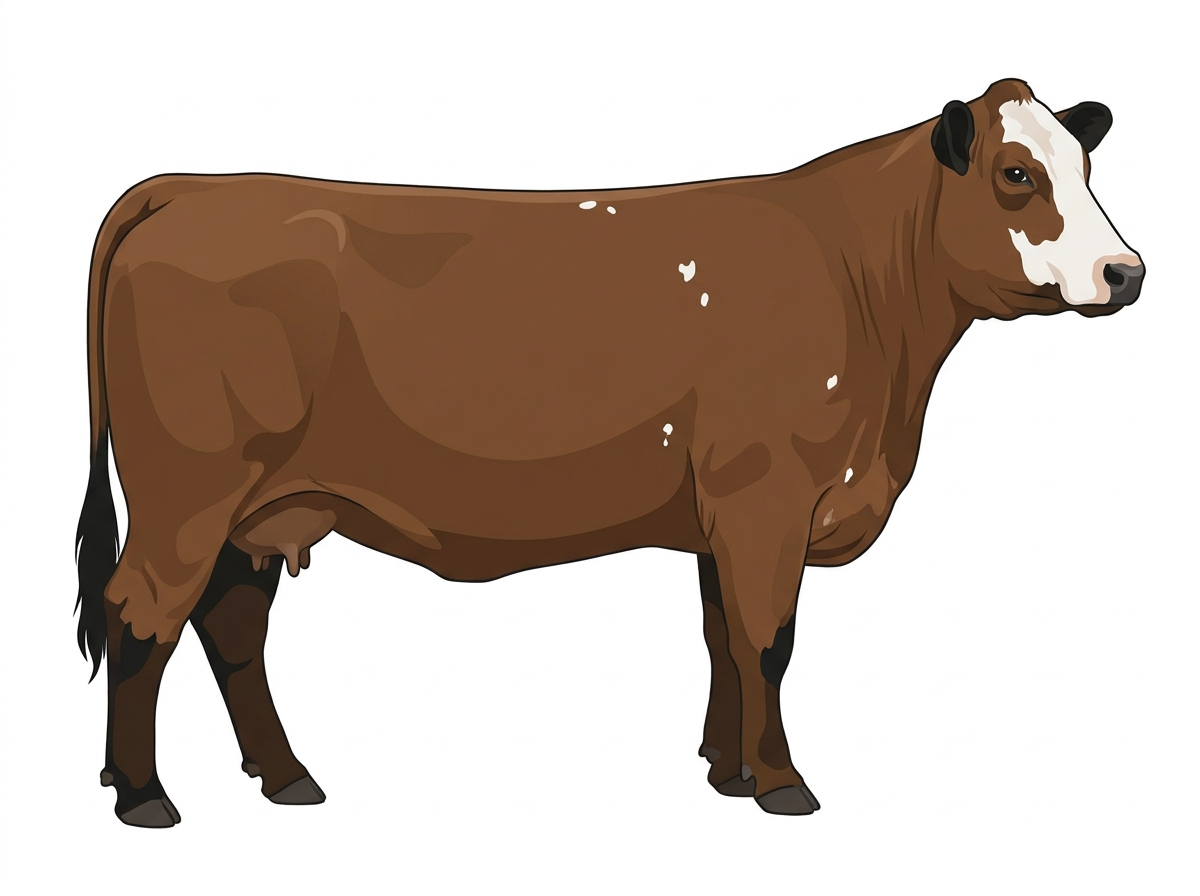 Brown with black points, a white face and a few white spots Angus Cross Cow