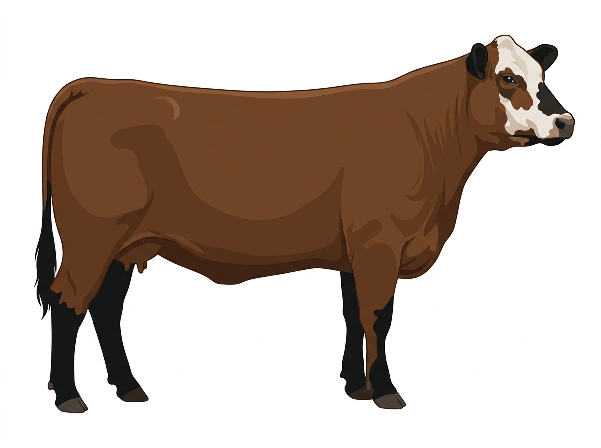 Brown with black points and a partial white face Angus Cross Cow