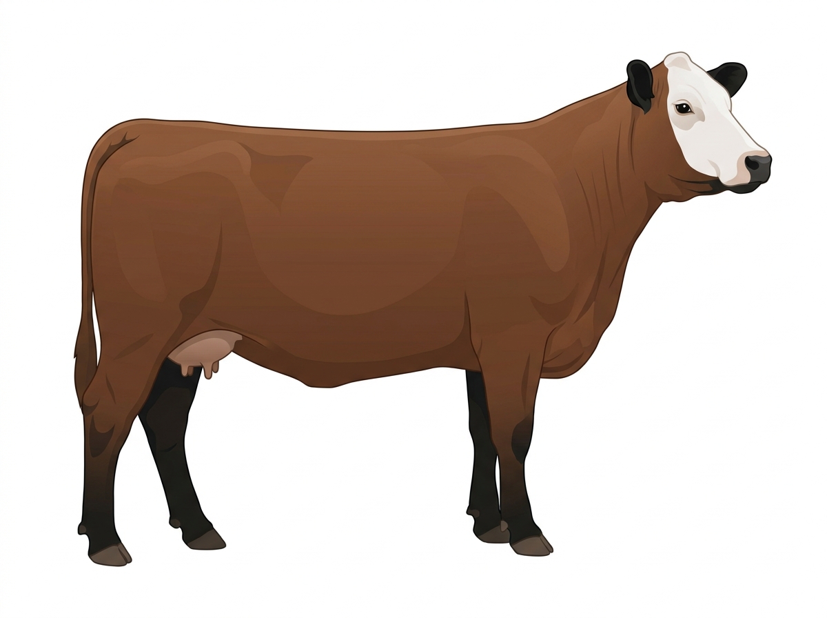 Brown with black points and a white face Angus Cross Cow