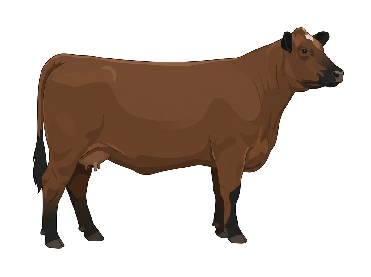 Brown with black points and minimal white face markings Angus Cross Cow