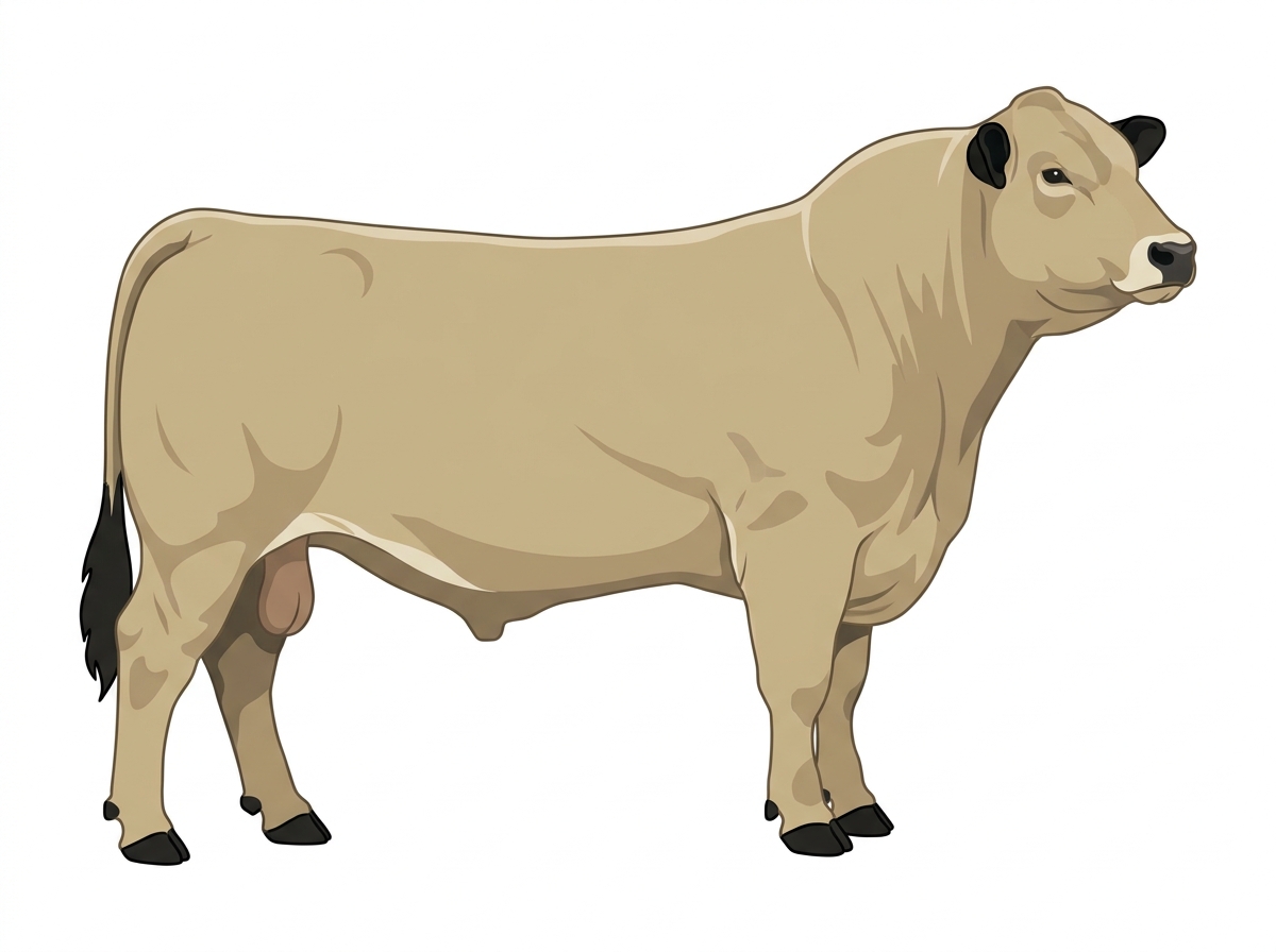 Cream with black points and a pale muzzle ring and lighter underline Angus Cross Bull