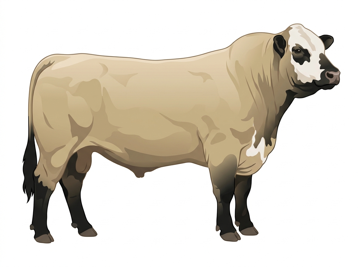Cream with black points and a partial white face Angus Cross Bull