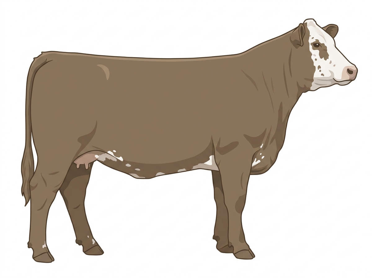 Dun with a partial white face, a few white spots and ticking in the white Angus Cross Cow