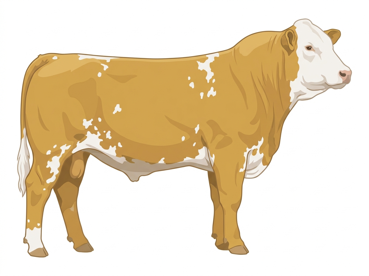 Gold with a white face and white spots Angus Cross Bull