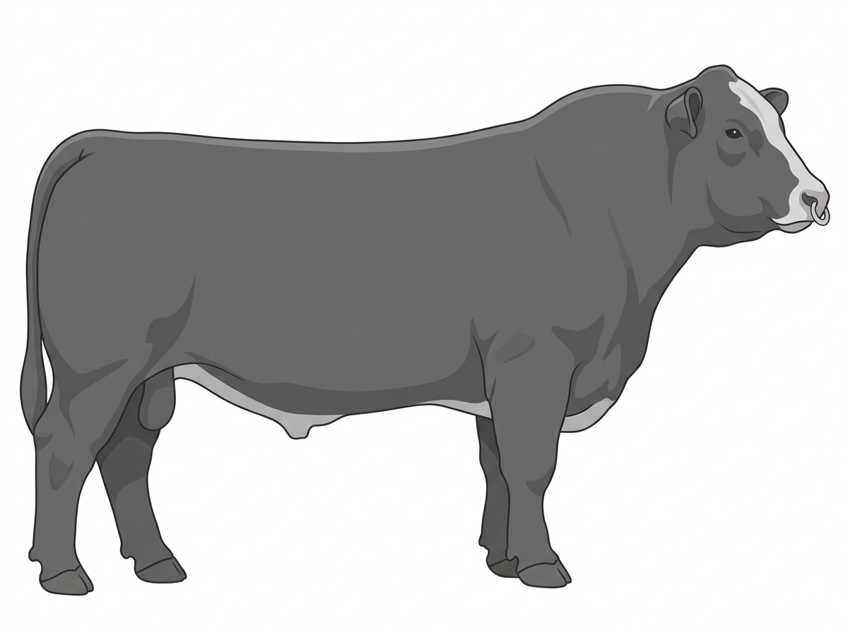 Gray with a pale muzzle ring and lighter underline and a partial white face Angus Cross Bull